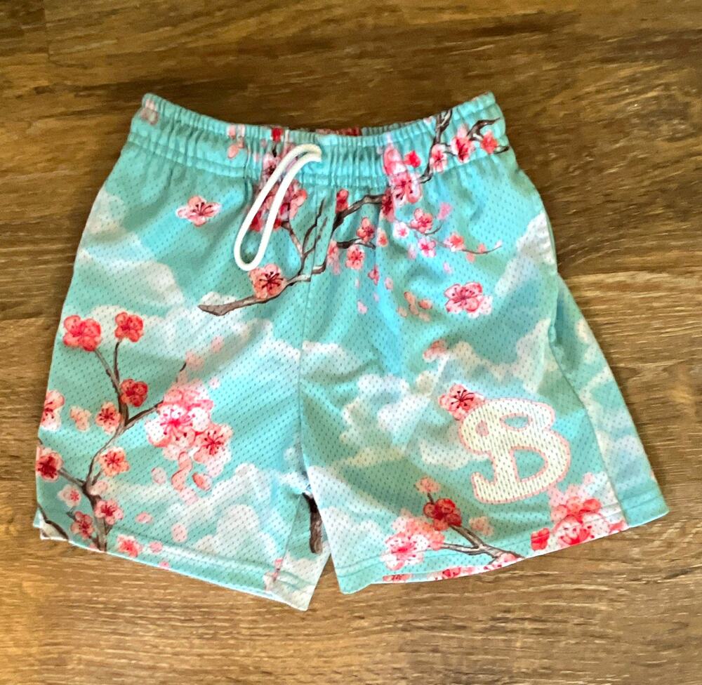 BKTSQD Boys Blue Pink Floral Mesh Athletic Shorts Drawstring Elastic Waist